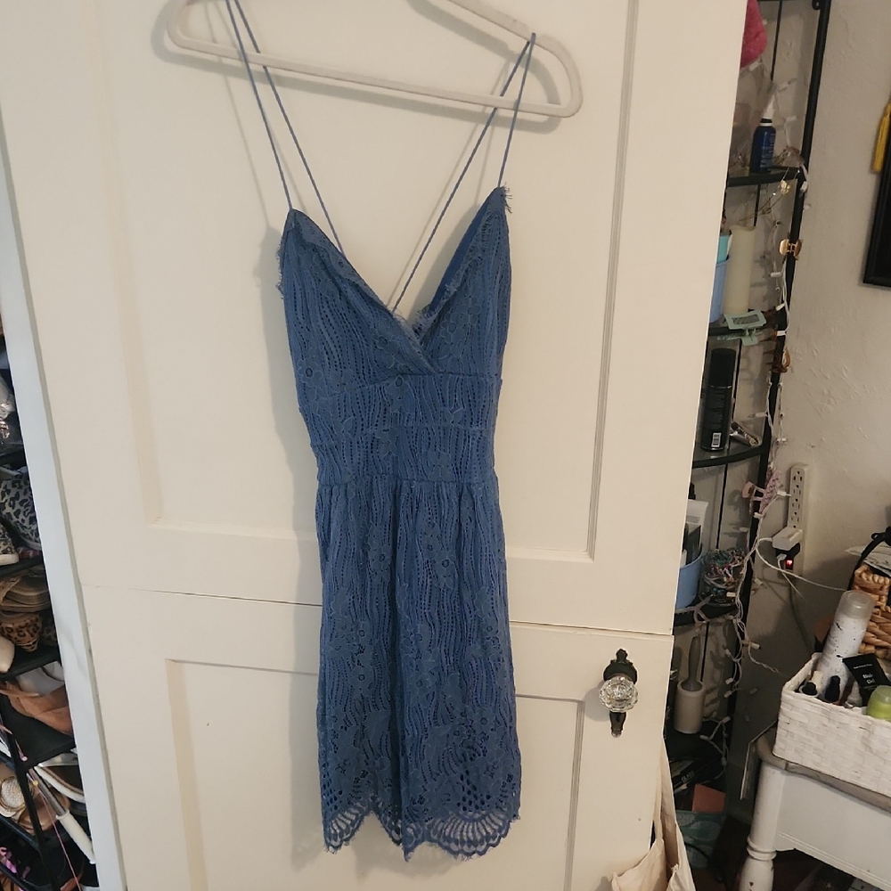 Blue Lace Spaghetti Strap Dress